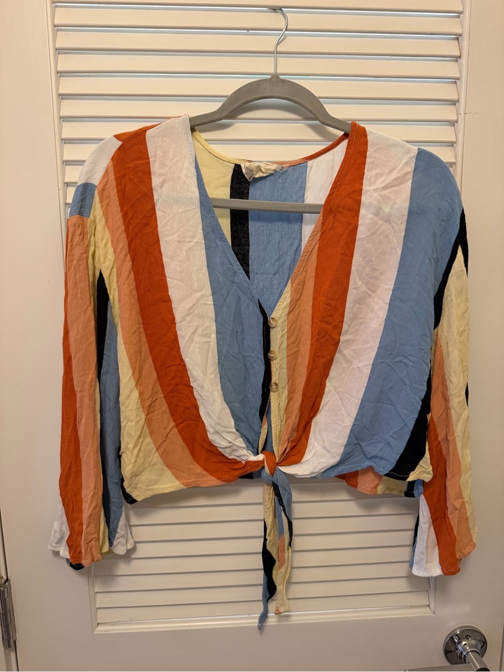 Multicolor Striped Front Tie Cropped Blouse